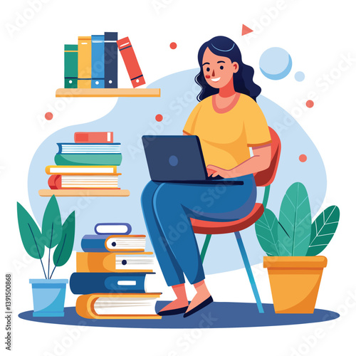 a girl is using his laptop vector