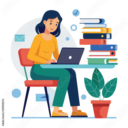 a girl is using his laptop vector