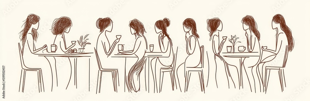 A continuous line drawing depicting a café, restaurant, people, a couple, and a table on a white surface A continuous line drawing depicting a café, restaurant, people, a couple, and a table on a white surface