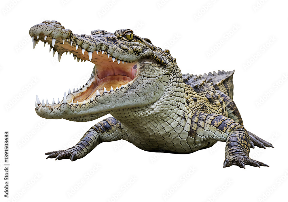 Fototapeta premium A crocodile with its mouth open showing its sharp teeth on white background