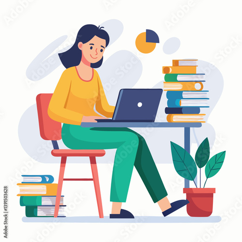 a girl is using his laptop vector