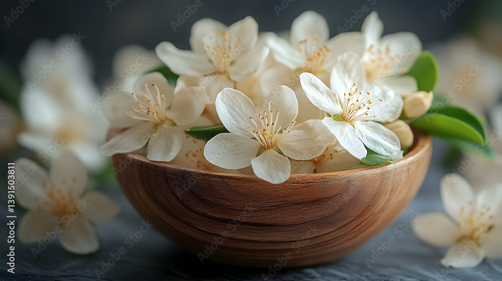 Delicate white blossoms in a rustic wooden bowl. Delicate white blossoms in a rustic wooden bowl.