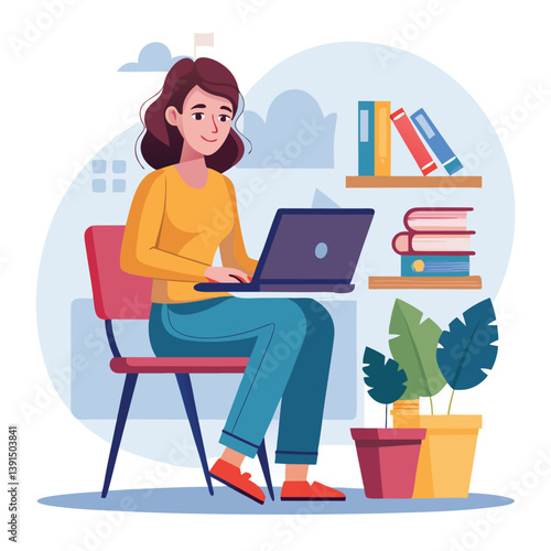 a girl is using his laptop vector