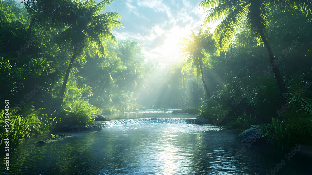 Fototapeta premium Sunlit tropical river flowing through lush jungle.