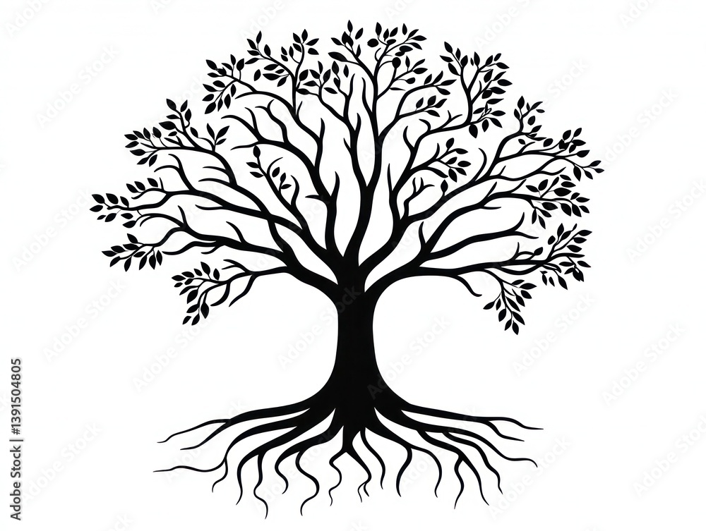 Fototapeta premium Black tree illustration, roots, branches, leaves, nature, design element