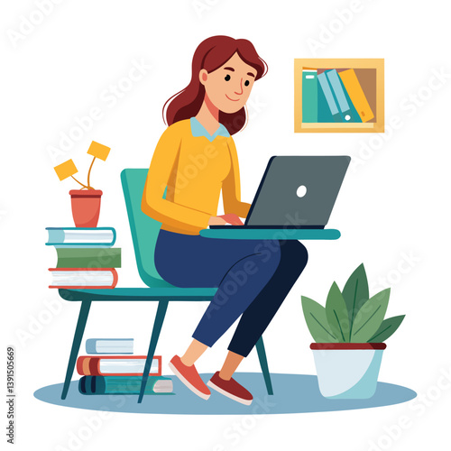 a girl is using his laptop vector