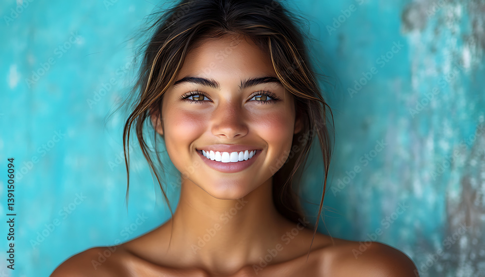 Portrait of a Smiling Woman with Freckles Against a Teal Background Portrait of a Smiling Woman with Freckles Against a Teal Background