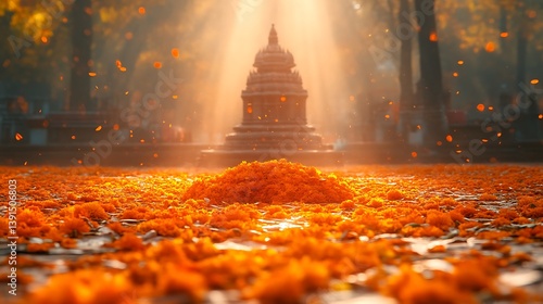 Sunlit temple with autumn leaves and marigolds.