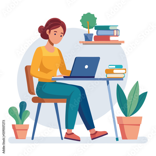 a girl is using his laptop vector