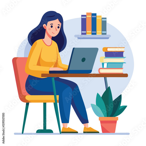 a girl is using his laptop vector