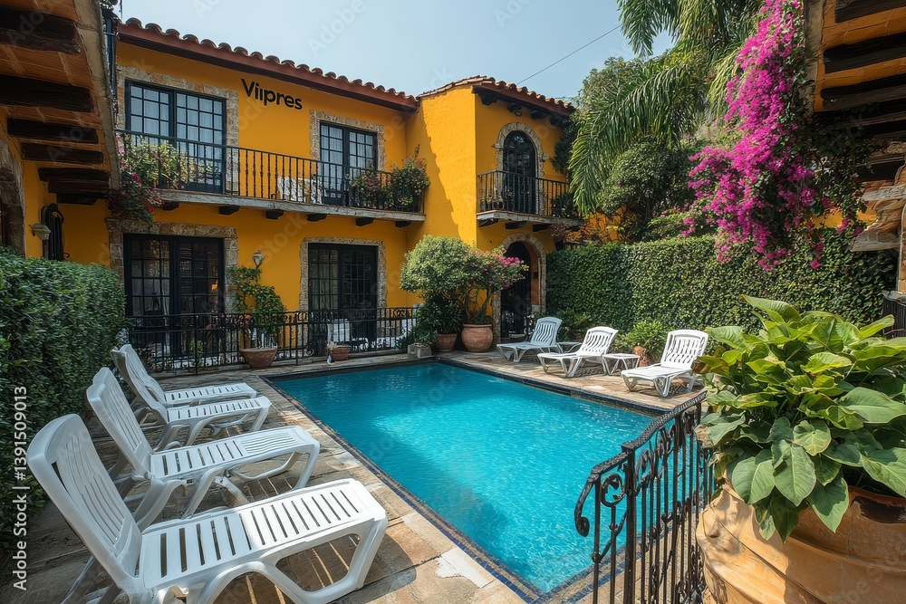 Fototapeta premium Pool area at Vipres real estate complex in Tehuantepec featuring white sun loungers, blue water, lush greenery, black metal railing, pink flowering trees, and a yellow wall decorated with tropical pla