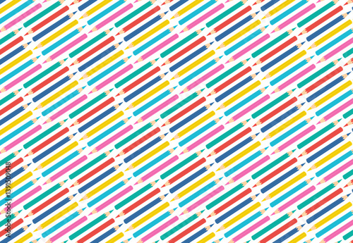 Seamless vector illustration featuring a vibrant pattern of colorful pencils arranged diagonally on a white background. Ideal for educational, artistic, and creative design projects.