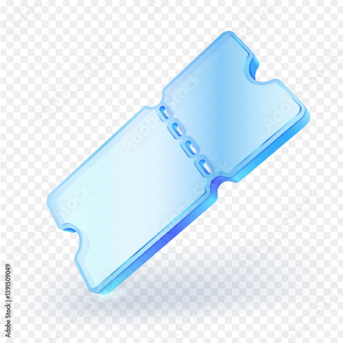 3D ticket or voucher icon with transparent and shiny blue glass design. Use in promotions, activity bookings, ticketing services or digital media related to travel and entertainment. Vector file.