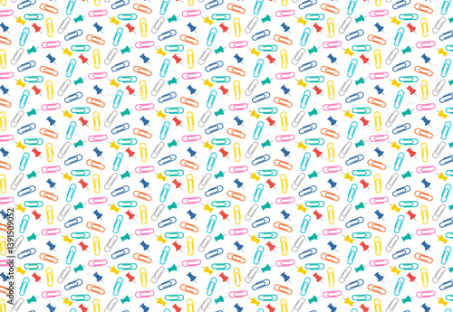 Seamless vector illustration of colorful office supplies, featuring paper clips and pushpins. Bright multicolored design for stationery backgrounds or creative projects.