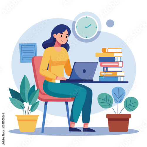 a girl is using his laptop vector