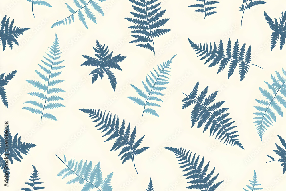 Seamless pattern of blue fern leaves on a beige background. Seamless pattern of blue fern leaves on a beige background.