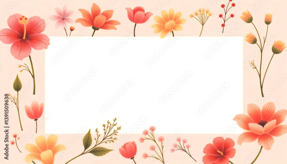 Fototapeta premium realist drawing Flower frame, flower background. Mother's Day, Wedding, feminine, isolated flowers. flower decoration, deco, Rose, Lily, background, postcard, mock up, watercolor, colorpencil, gouache