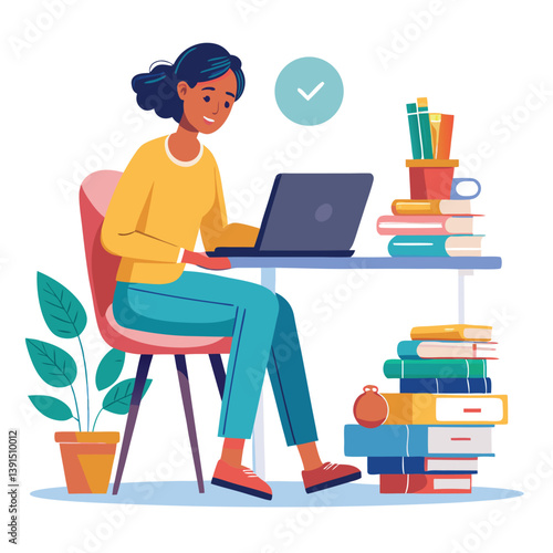 a girl is using his laptop vector