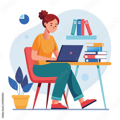 a girl is using his laptop vector