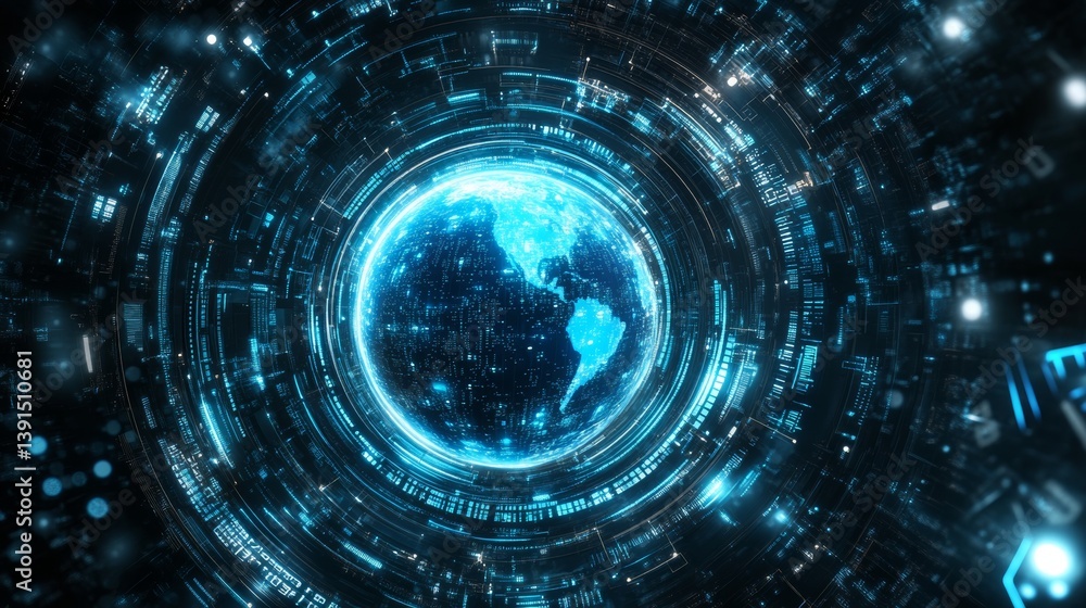 Fototapeta premium A digital globe centered on Africa, representing a global network, connectivity, data transfer, cyber technology, information exchange, and international telecommunications