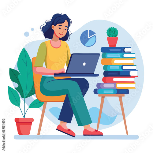 a girl is using his laptop vector