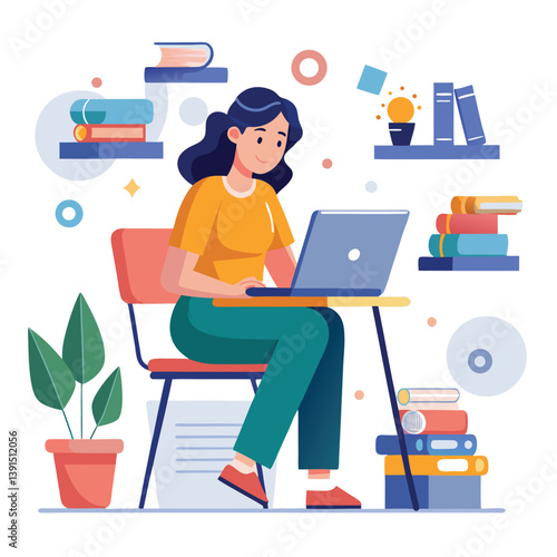 a girl is using his laptop vector