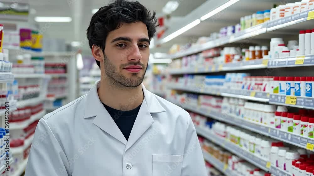 A man in a white lab coat stands in a pharmacy aisle. He is smiling and he is in a good mood A man in a white lab coat stands in a pharmacy aisle. He is smiling and he is in a good mood