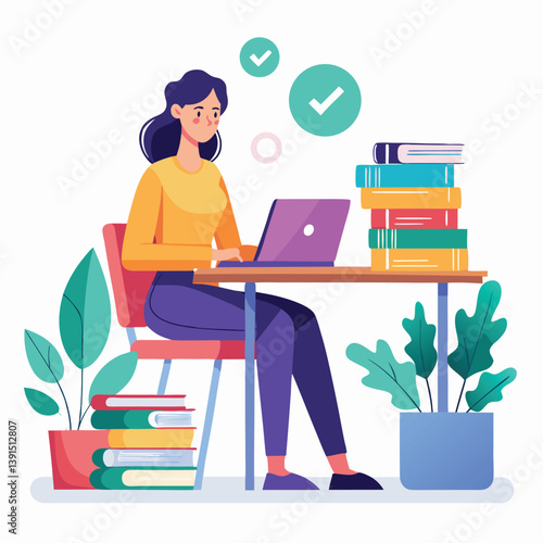 a girl is using his laptop vector