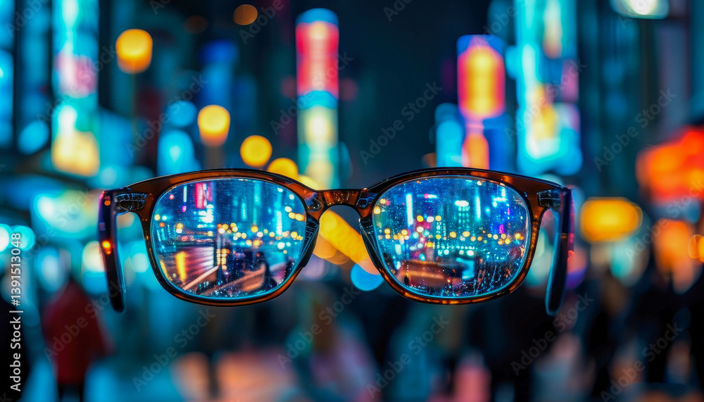 Naklejka premium Glasses through which a bright cityscape with neon lights is visible. Outside the lenses, the space is blurred, creating an effect of contrast between clarity and abstraction.