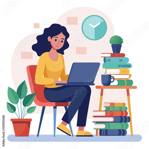 a girl is using his laptop vector