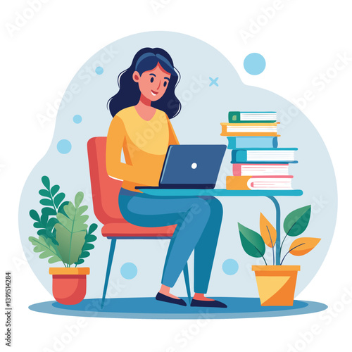 a girl is using his laptop vector