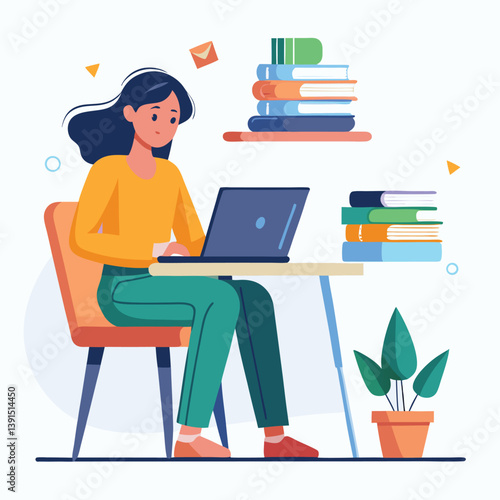 a girl is using his laptop vector