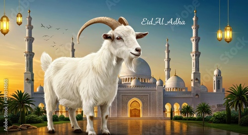 Eid al-Adha celebration poster concept: Stylized goat graphic with mosque silhouette and crescent moon on night background. photo