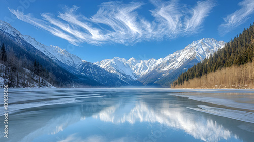 Wallpaper Mural Frozen lake reflecting snow-capped mountains under a vibrant blue sky with wispy clouds. Torontodigital.ca