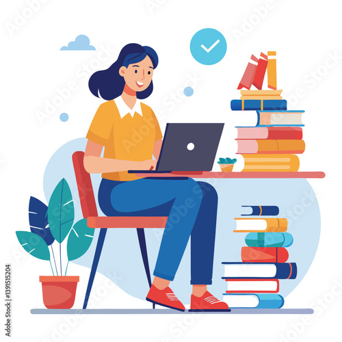 a girl is using his laptop vector