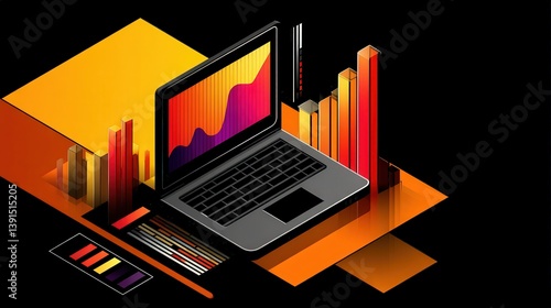 Isometric Laptop with Charts and Graphs Illustration
