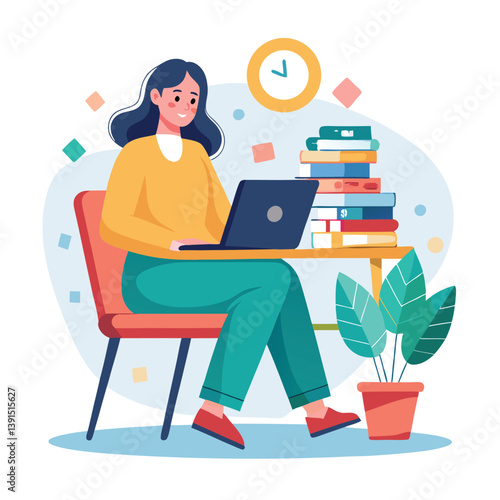 a girl is using his laptop vector
