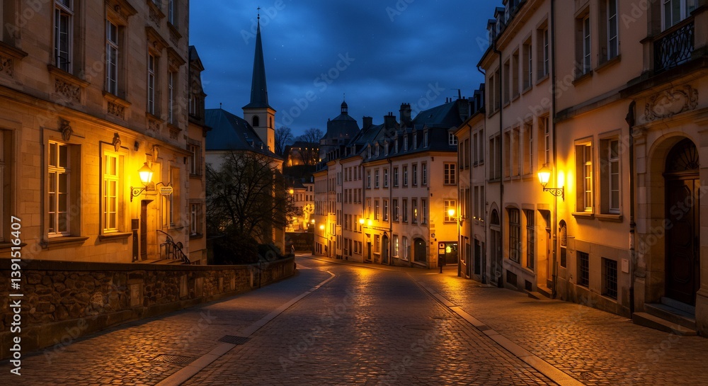 Fototapeta premium Serene Night Street Cobblestones Warmly Lit. AI Generated