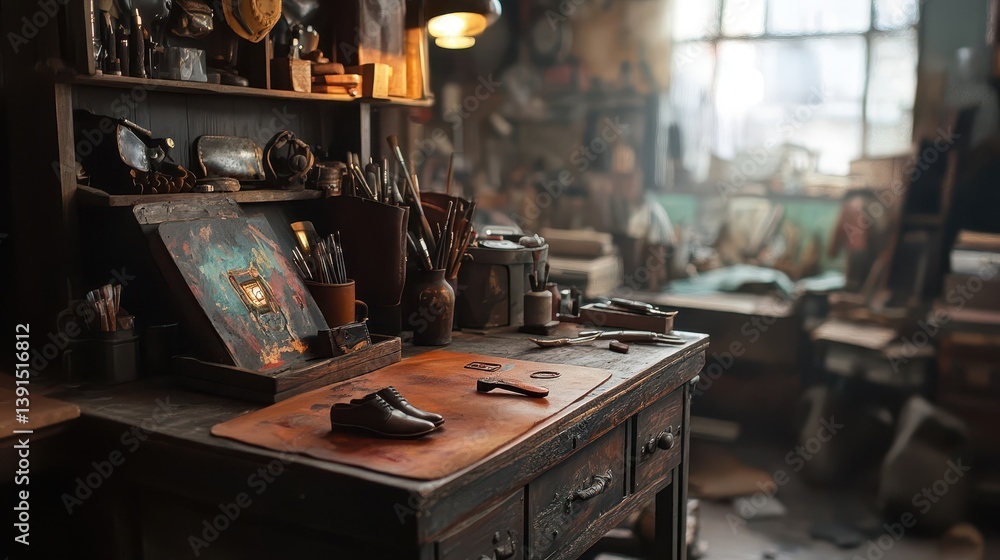 Fototapeta premium A cluttered workbench filled with tools and artwork supplies