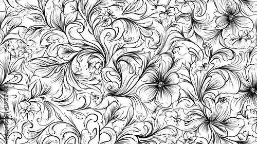 Seamless black and white floral pattern with intricate swirls and leaves.
