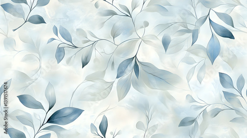 Watercolor seamless pattern with delicate blue leaves and branches on a light background.