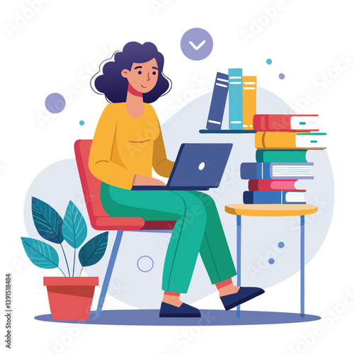 a girl is using his laptop vector