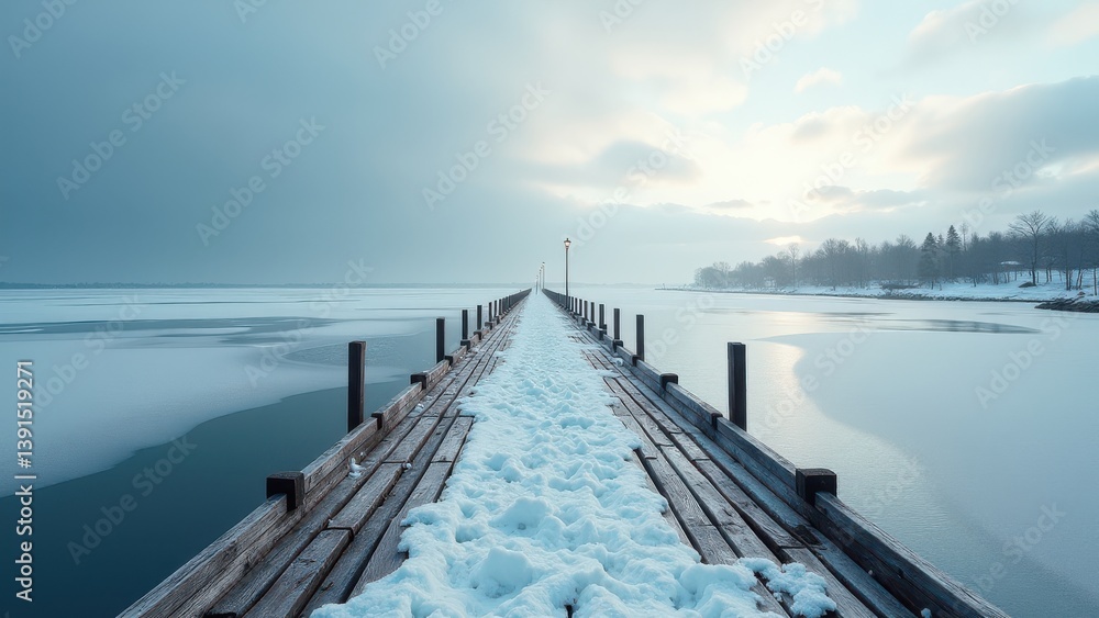 Naklejka premium Snow covered wooden pier extending into calm winter lake under cloudy sky showing silent solitude