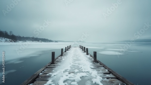 Wallpaper Mural Snow covered wooden pier extending into calm winter lake under cloudy sky showing silent solitude	 Torontodigital.ca