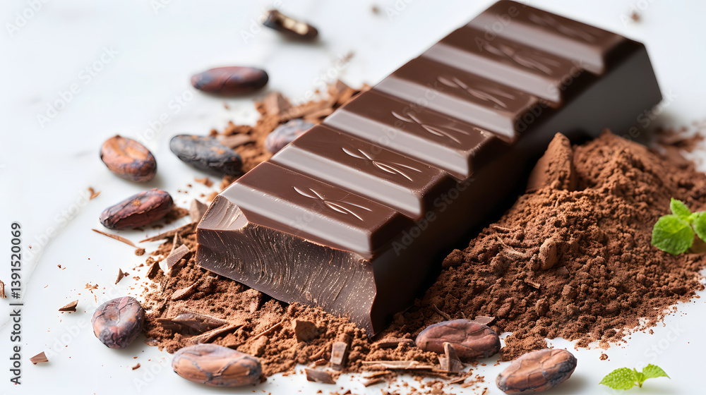 Artisanal dark chocolate bar resting on cocoa powder and cocoa beans, evoking indulgence Artisanal dark chocolate bar resting on cocoa powder and cocoa beans, evoking indulgence