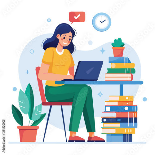a girl is using his laptop vector