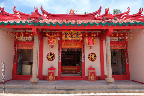 Colorful Century-Old Chinese Temple Kwong Hock Keong Hock Teik Cheng Sin with Traditional Roof and Lanterns in Nibong Tebal, Penang, Malaysia