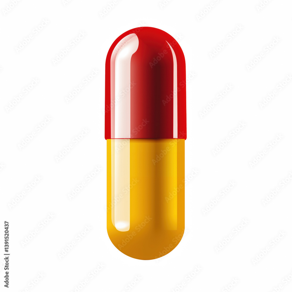Realistic illustration of a single red and yellow glossy capsule pill standing upright isolated on transparent background Realistic illustration of a single red and yellow glossy capsule pill standing upright isolated on transparent background