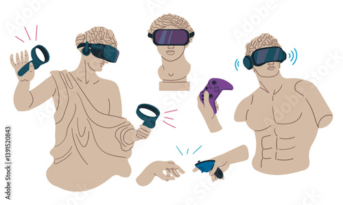 Antique Greek statue and god bust in VR goggles contemporary pop art icon vector flat illustration. Historical ancient Roman woman monument in virtual reality eyeglasses psychedelic concept .