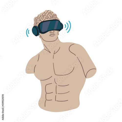 Antique Greek statue and god bust in VR goggles contemporary pop art icon vector flat illustration. Historical ancient Roman woman monument in virtual reality eyeglasses psychedelic concept .